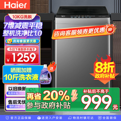 海尔(Haier)10公斤 变频 全自动 波轮洗衣机 1.0洗净比 纳米微泡净 除菌除螨 XQB100-BZ20B0