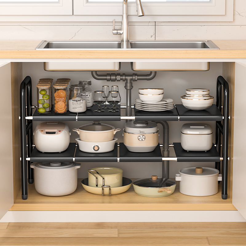 厨房下水槽置物架多功能橱柜内分层架可伸缩锅具调料储物架水池下
