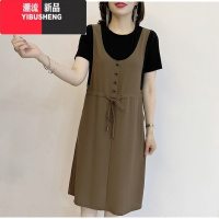 YIBUSHENG季新款圆领连衣裙拼色假两件气质显瘦减龄妈妈装宽松洋气中长裙