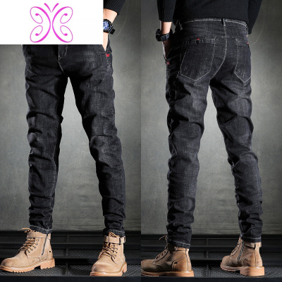 YUANSU秋冬新款黑色百搭加绒加厚牛仔裤男士韩版潮流修身小脚弹力长裤子牛仔裤男