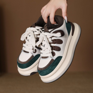 头层牛皮秋季新款复古单鞋女鞋轻便厚底松糕休闲鞋系带运动鞋