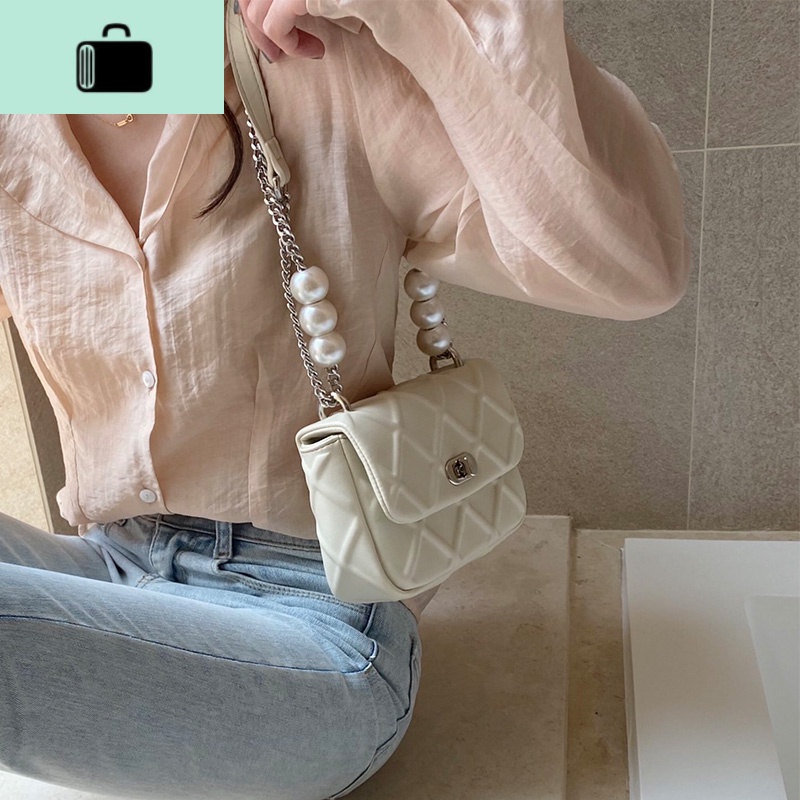小清新简约珍珠菱格包包女2020夏季新款百搭链条手提斜跨单肩包潮NEW LAKE女斜挎包