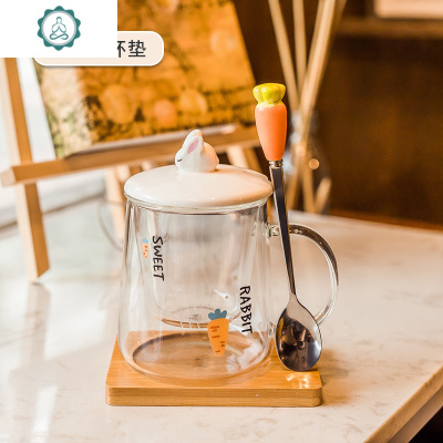 可爱兔子玻璃杯透明带盖勺把手马克杯子家用带滤网水杯耐热花茶杯封后