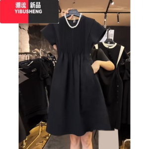 YIBUSHENG黑色短袖连衣裙女季名媛女范压褶收腰显瘦高端气质A字中长裙