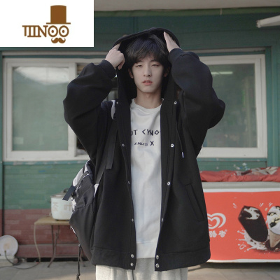 YANXU秋装男士开衫卫衣连帽刺绣单排扣少年感外套宽松时尚青春衣服潮