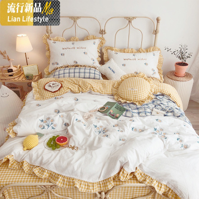 水洗棉荷叶边刺绣四件套棉ins风少女学生宿舍单人1.2被套 三维工匠