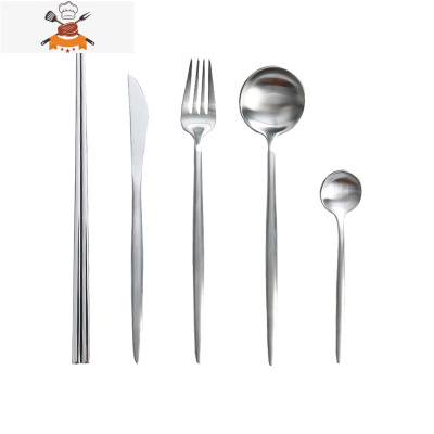 304不锈钢刀叉勺筷网红套装ins风西餐餐具情侣四件套家用牛排刀叉 敬平 银色全系列5件套