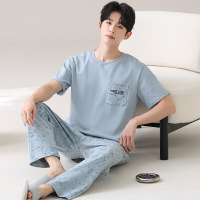 睡衣男士夏季冰丝螺纹短袖长裤青少年学生宽松休闲韩版家居服套装