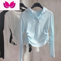 七斓系带连帽套头运动休闲T恤女2022春季新款女装螺纹短外套针织小衫