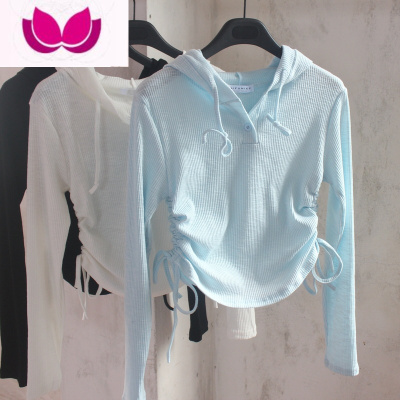 七斓系带连帽套头运动休闲T恤女2022春季新款女装螺纹短外套针织小衫