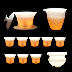 MULTIPOTENT整套功夫茶具中国白羊脂玉瓷套组青铜浮雕11头精美伴手礼盒套装