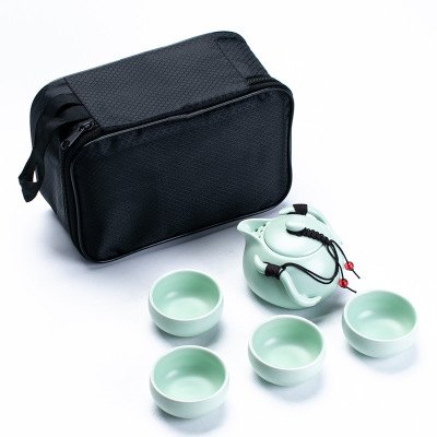 便携旅行茶具套装亚光陶瓷功夫茶具一壶四杯办公商务礼品logo定制绿色一壶四杯带便携包