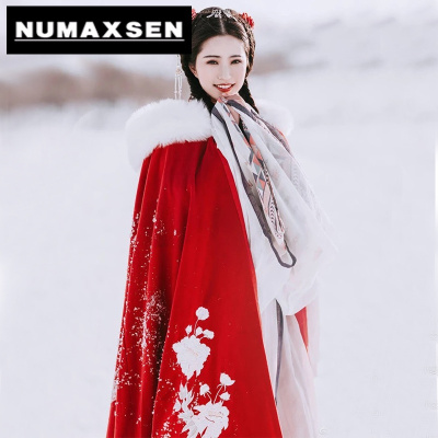 纽曼森(numaxsen)汉服斗篷女加绒加厚中国风红色过年披风古风秋冬季