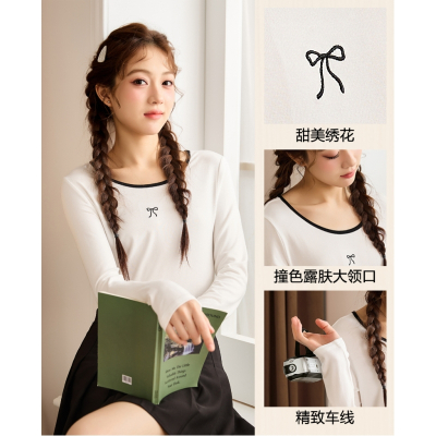 [3件8.5折67.9元,叠加优惠券]唐狮蝴蝶结内搭打底衫女初秋新款白色甜美长袖T恤女设计感