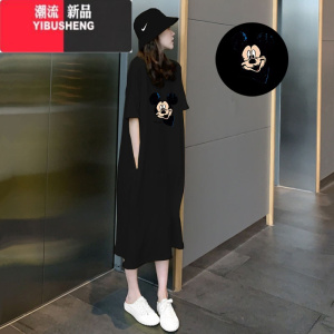 YIBUSHENG胖mm短袖t恤裙女装2024年装宽松长款大码过膝连衣裙休闲长裙子