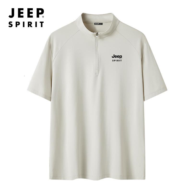 JEEP SPIRIT夏季T恤简约半拉链短袖男高端冰丝立领宽松休闲体恤