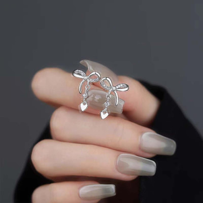 s925银针蝴蝶结耳钉女温柔小众设计爱心锆石耳坠精致ins百搭耳饰送女朋友老婆情人节七夕生日礼物