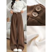 咖色阔腿裤女秋冬季新款加绒加厚西装裤小个子灯芯绒直筒裤子_663