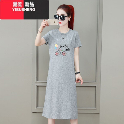 YIBUSHENG天中长款过膝气质遮肚显瘦洋气休闲印花短袖T恤连衣裙子女季