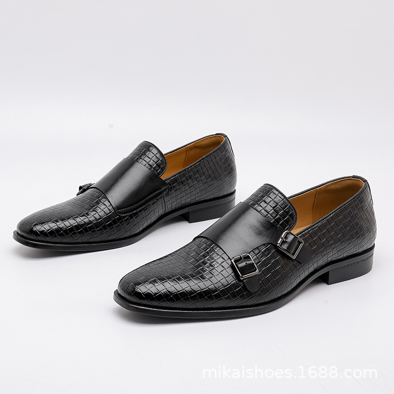 新款商务小方头双边扣孟克鞋皮鞋男休闲皮鞋男士乐福鞋大码