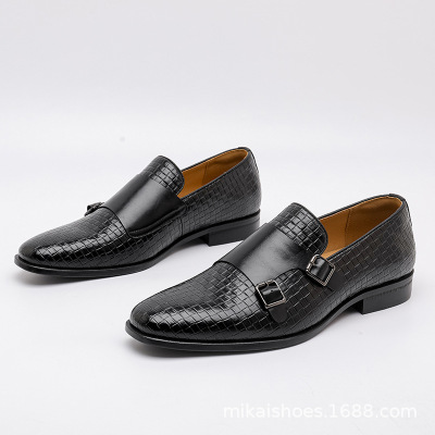 新款商务小方头双边扣孟克鞋皮鞋男休闲皮鞋男士乐福鞋大码