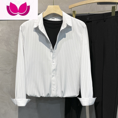 七斓竖条纹男士长袖衬衫休闲商务高级感日系寸衫外套垂感皱