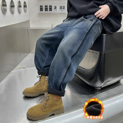 男童一体加绒加厚牛仔裤秋冬款新款冬季大儿童冬装男孩休闲裤