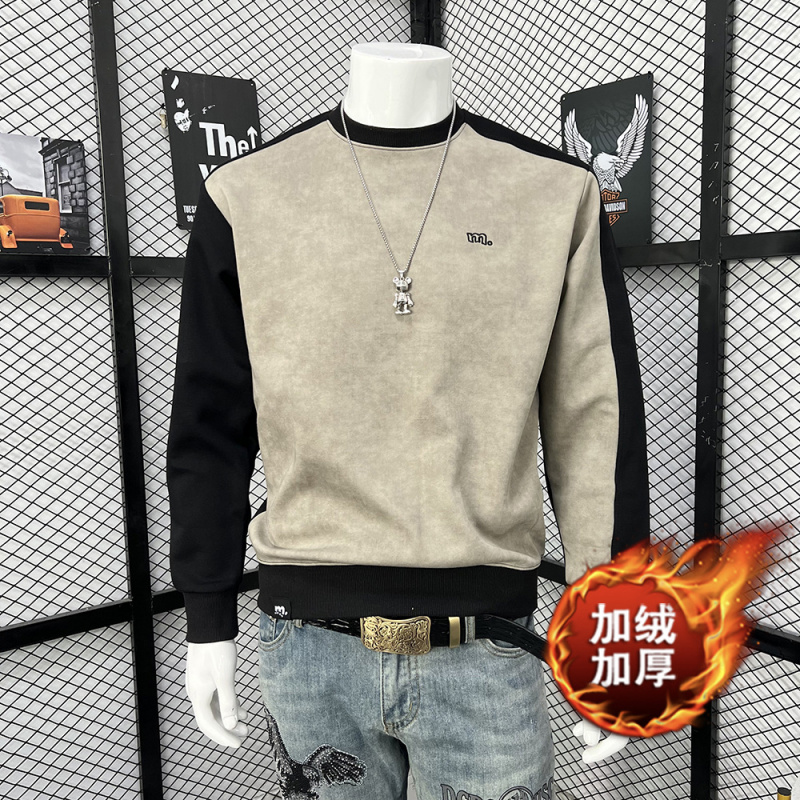 加绒保暖卫衣男士秋冬季潮牌青年打底上衣时尚拼接撞色内搭体恤衫