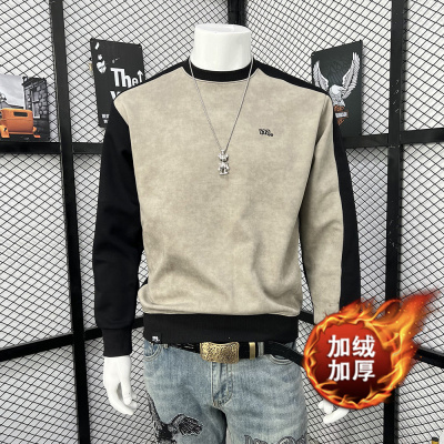 加绒保暖卫衣男士秋冬季潮牌青年打底上衣时尚拼接撞色内搭体恤衫