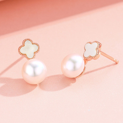 佰色传情(BRIR)纯银高级感耳环女气质四叶草淡水珍珠耳饰新款潮耳钉白色