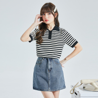 [2.5折价71元]唐狮夏季款短袖Polo女针织条纹宽松半袖学生小众好看上衣潮DY