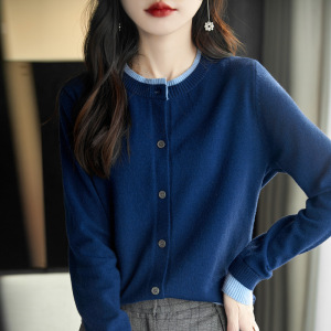 年春季薄款假两件针织开衫女拼色毛衣外套宽松长袖上衣外搭