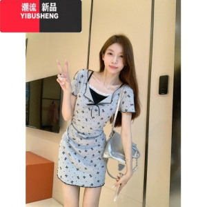 YIBUSHENG灰色波点蝴蝶结假两件连衣裙子2024新款小个子修身显瘦长裙女季