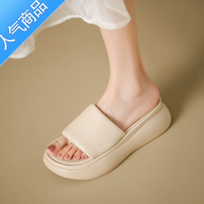 SUNTEK2023夏季新款厚底凉拖鞋女外穿气质高跟一字拖小众松糕坡跟半拖鞋