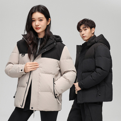 羽绒服冬季白鸭绒连帽宽松青年美式拼色百搭休闲保暖面包服外套男