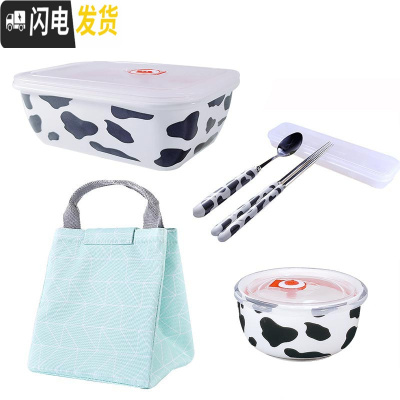 三维工匠陶瓷饭盒上班族微波炉分隔型日式水果少女心可加热带饭饭盒便当盒 奶牛两分格饭盒+大绿袋+中碗吸气盖送勺筷盒