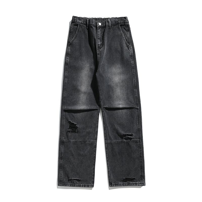 乞丐波动裤子宽松直筒港风牛仔裤男学生装百搭多色松紧水洗拖地裤