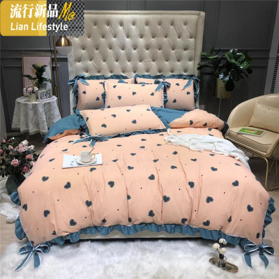 网红棉棉四件套针织水洗棉公主风蝴蝶结1.51.8床单床笠被套 三维工匠
