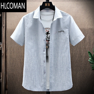 HLCOMAN短袖衬衫男夏季薄款痞帅半袖宽松冰丝寸衫上衣服纯色衬衣