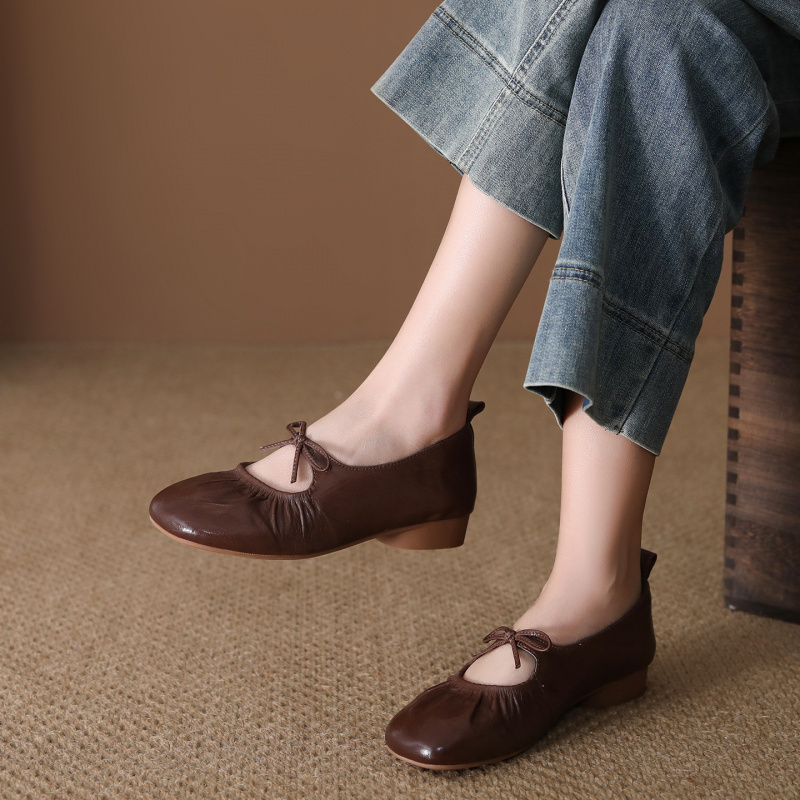 头层羊皮单鞋女2026春季新款复古软底系带圆头百搭透气休闲豆豆鞋