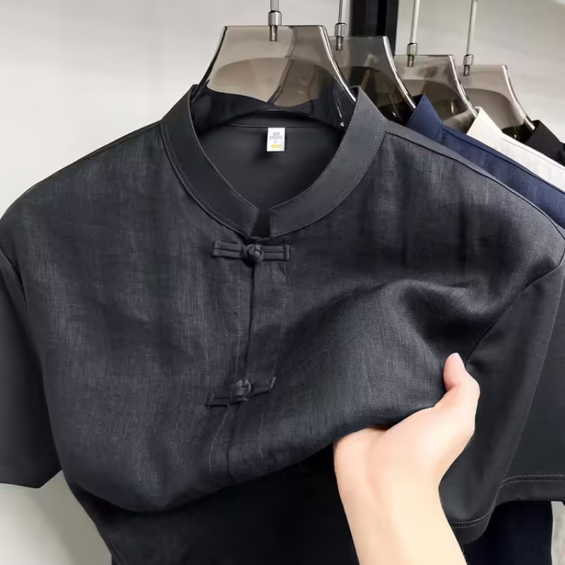 夏季新款男士纯色短袖开衫商务休闲免烫垂感翻领通勤百搭衬衫