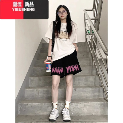 YIBUSHENG美式高街运动短裤女小个子季高腰显瘦直筒阔腿裤五分休闲裤潮牌