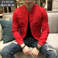 SUNTEK中国风男装春秋外套复古古风汉服龙纹刺绣青年中式盘扣唐装夹克男夹克