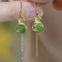 新中式国风绿色猫眼葫芦耳线女轻奢高级感耳环精致百搭设计感耳饰送女朋友老婆情人节七夕生日礼物