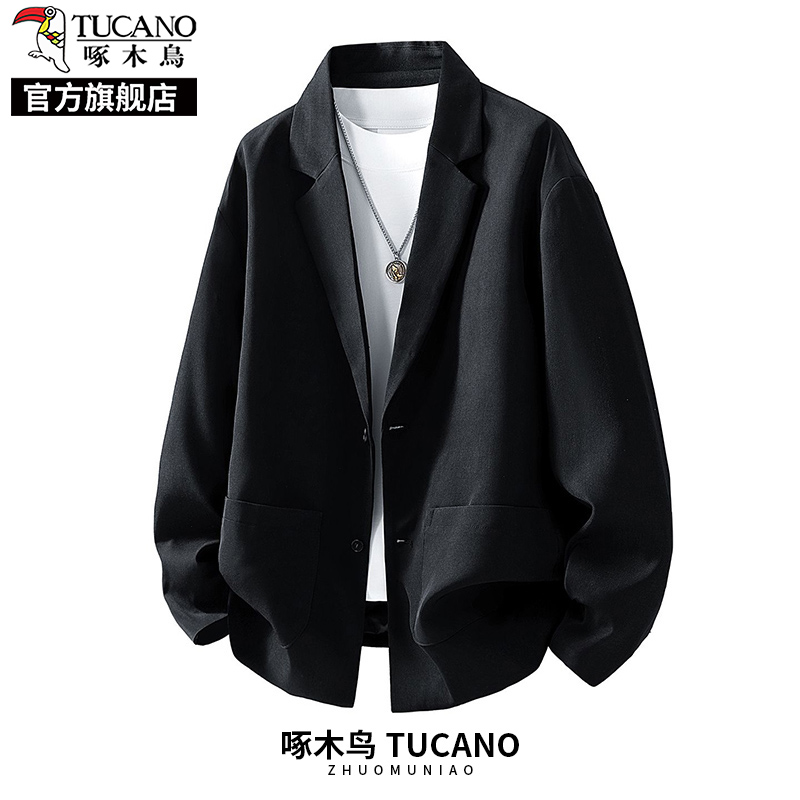 啄木鸟2025新款秋冬季高端商务休闲西装外套男士黑色西服夹克K
