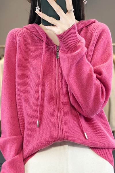 韩版女装安迪绒帽衫双拉链连帽毛衣秋冬新款外套针织衫开衫