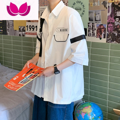 七斓港风短袖衬衫男夏季潮牌学生痞帅气白色五分半袖上衣工装衬衣服寸