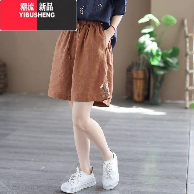YIBUSHENG妈妈6分短裤女士季薄款大码高端亚麻棉麻五分阔腿裤苎麻休闲裤