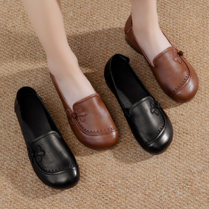 真皮圆头复古妈妈单鞋女秋季民族风舒适平跟牛筋软底老人鞋子_227