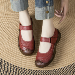 秋季头层牛皮中老年浅口单鞋女手工复古风平底牛筋软底妈妈鞋